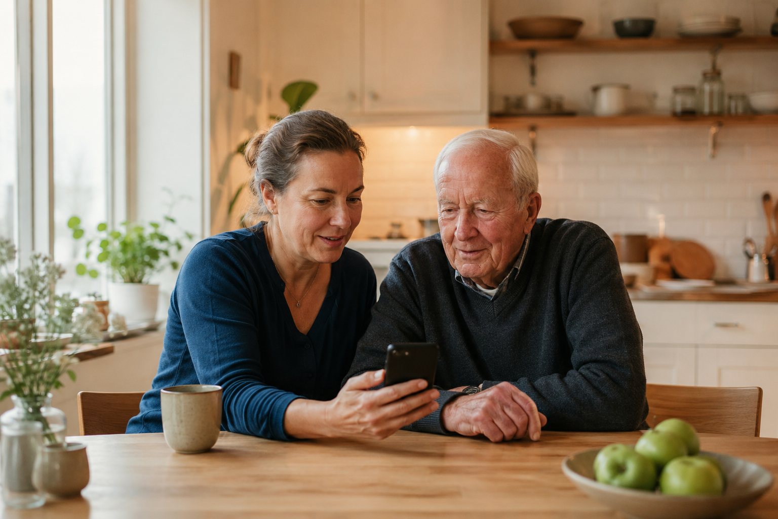 En kvinna och hennes äldre pappa vid ett köksbord, som tillsammans tittar på telefonen hon håller mellan dem