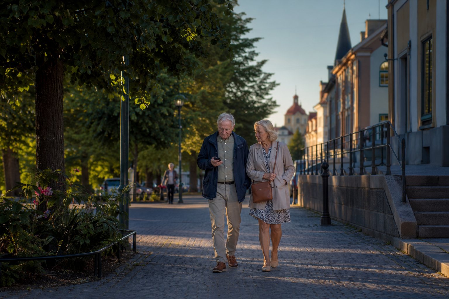 Ett äldre par som promenerar genom en svensk stad i kvällsljus, den ena tittar på en telefon